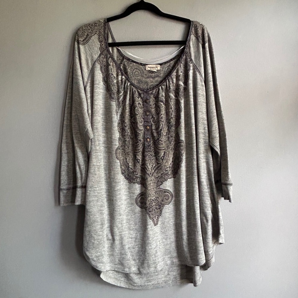 One World Live and Let Live Grey Paisley Space Dye Women Tunic Top 3X 3/4 Sleeve